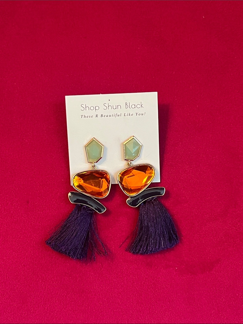 Shop Shun Black Gem & Tassel Statement Earrings - Green, Orange, & Purple